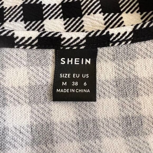 NWOT Shein, Medium, Black Checkerboard Puff Sleeve Boat Neck 3/4 Sleeve - Picture 6 of 6
